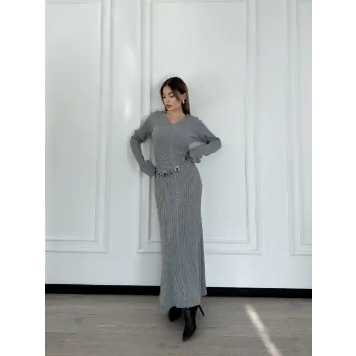 V Yaka Fitilli Uzun Elbise- Gri