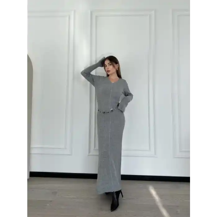 V Yaka Fitilli Uzun Elbise- Gri