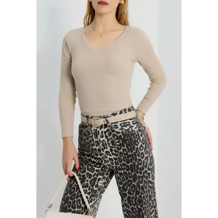 V yaka kaşkorse bluz bej a3699
