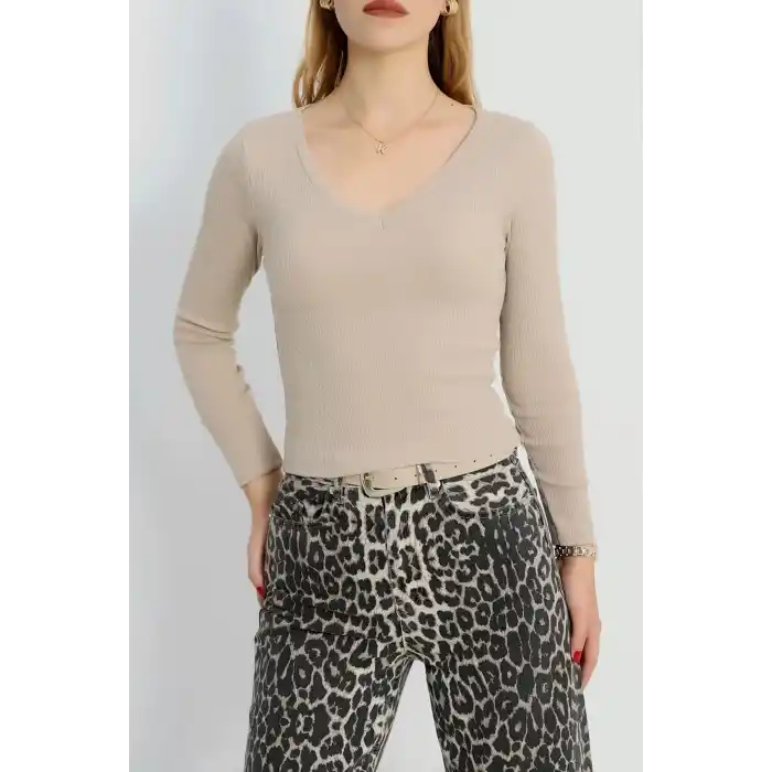 V yaka kaşkorse bluz bej a3699