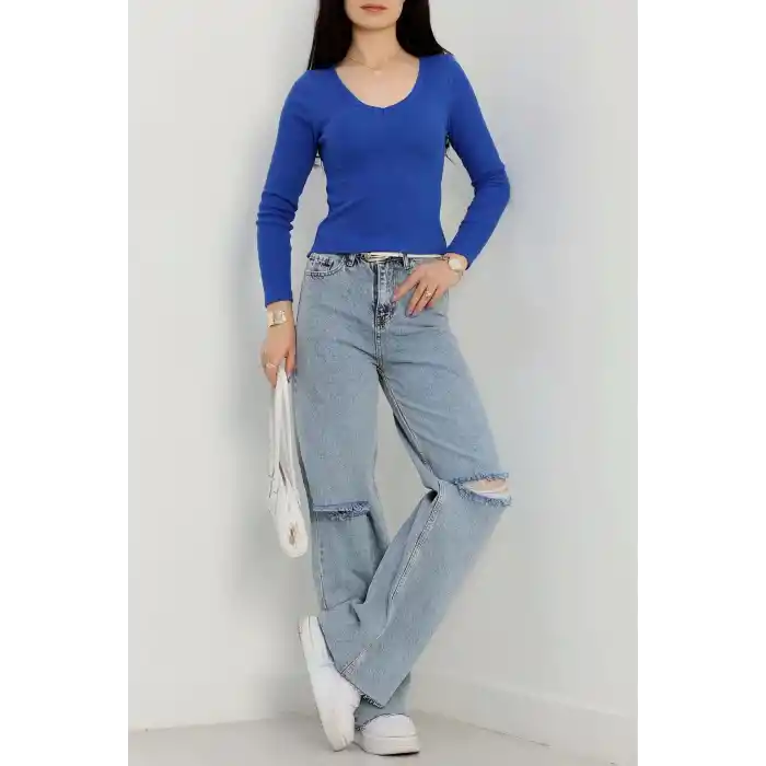 V yaka kaşkorse bluz saks mavisi a3699