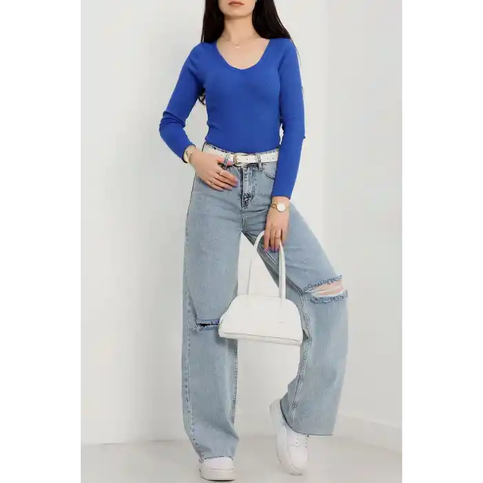 V yaka kaşkorse bluz saks mavisi a3699