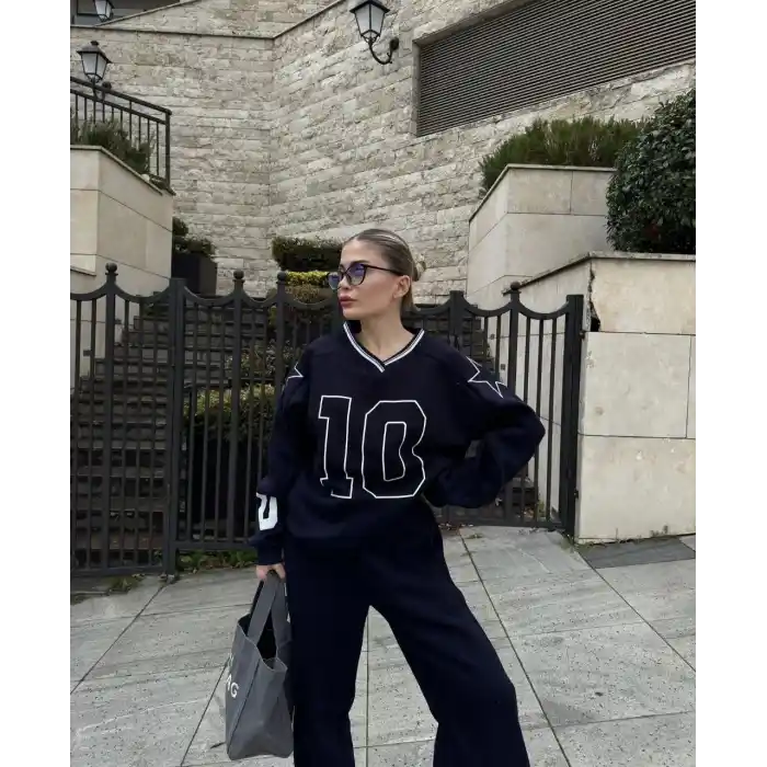 V Yaka Üç İplik Sweat Takım - Siyah