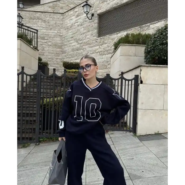 V Yaka Üç İplik Sweat Takım - Siyah