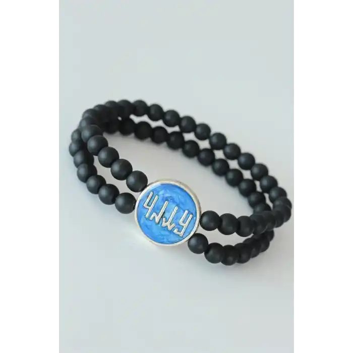 Vav Figürlü Lacivert Metal Aksesuarlı Çift Sıra Oniks Doğal Taş Erkek Bileklik