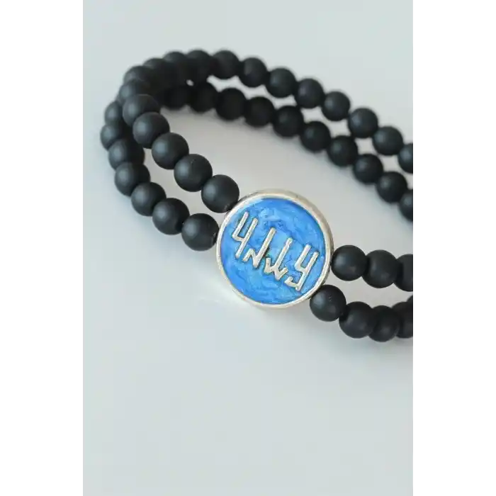 Vav Figürlü Lacivert Metal Aksesuarlı Çift Sıra Oniks Doğal Taş Erkek Bileklik