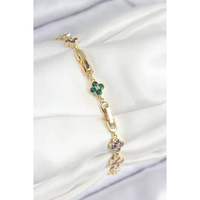 VIP Pirinç Renkli Zirkon Taşlı Yonca Model Gold Renk Kadın Bileklik