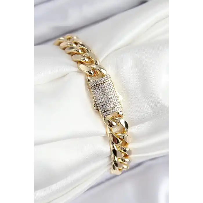 VIP Pirinç Zirkon Taşlı Klasik Zincir Model Gold Renk Kadın Bileklik