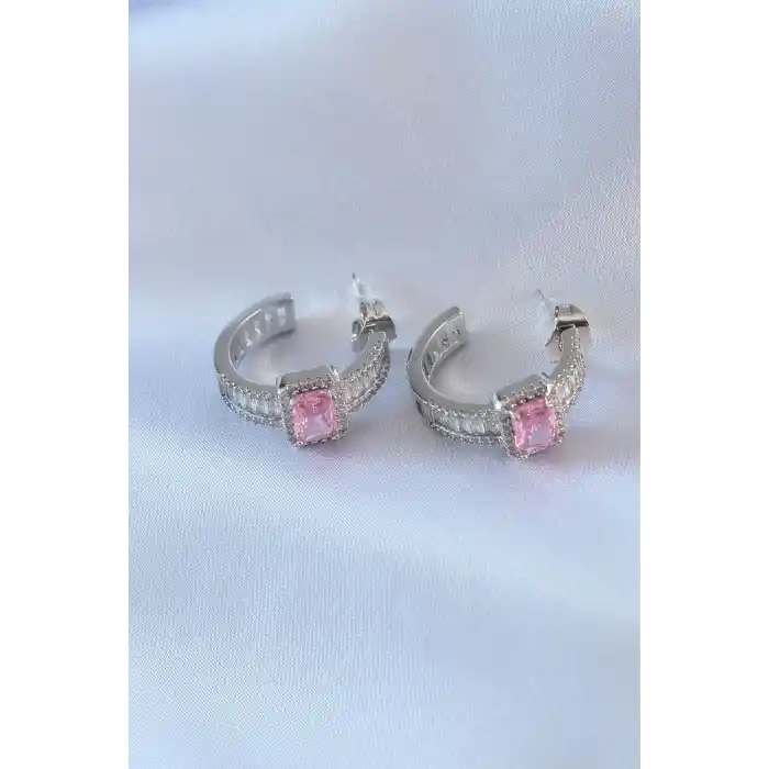 VIP Seri Gümüş Renk Yarım Halka Model Zirkon Taşlı Pirinç Kadın Küpe