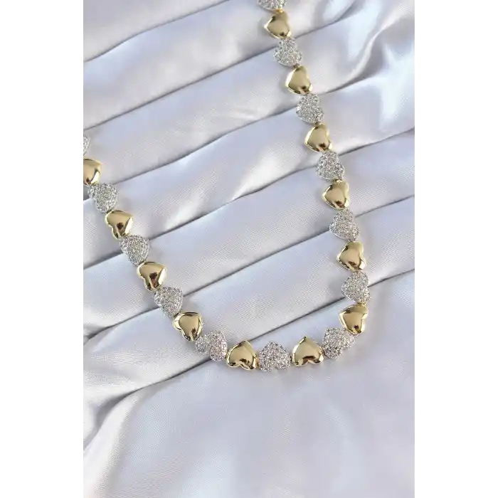 Vip Seri Pirinç Çift Renk Zirkon Taşlı Kalp Tasarımlı Kolye