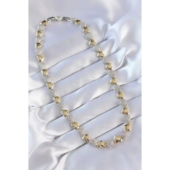 Vip Seri Pirinç Çift Renk Zirkon Taşlı Kalp Tasarımlı Kolye