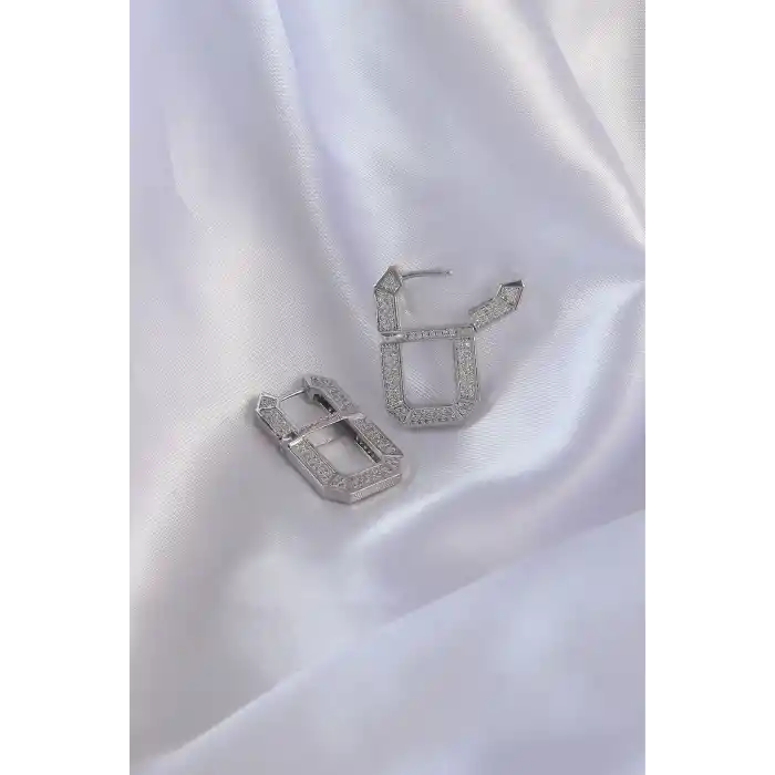 Vip Seri Pirinç Gümüş Renk Zirkon Taşlı Serenay Küpesi