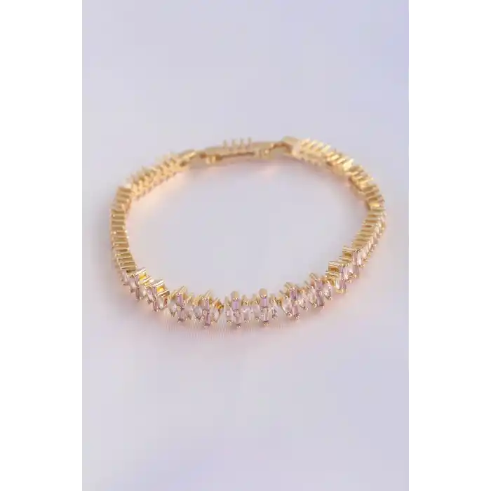 Vip Seri Pirinç Pembe Zirkon Taşlı Gold Renk Baget Model Bileklik