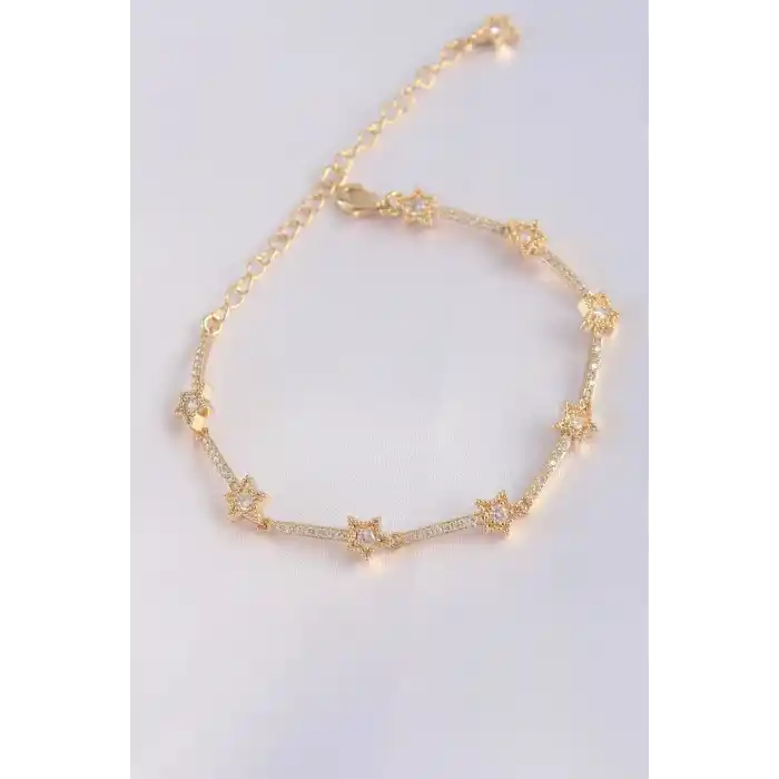 Vip Seri Pirinç Zirkon Taşlı Gold Renk Halley Model Bileklik
