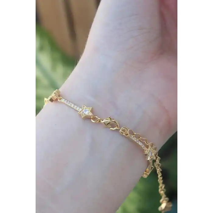 Vip Seri Pirinç Zirkon Taşlı Gold Renk Halley Model Bileklik