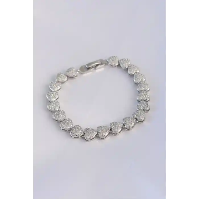 Vip Seri Pirinç Zirkon Taşlı Gümüş Renk Kalp Model Bileklik