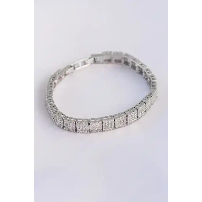 Vip Seri Pirinç Zirkon Taşlı Gümüş Renk Kare Su Yolu Model Bileklik