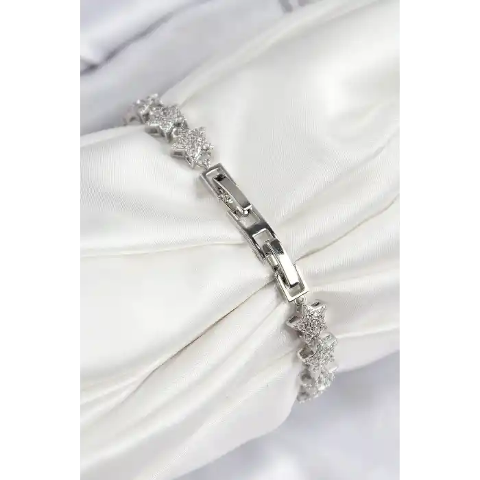 VIP Seri Pirinç Zirkon Taşlı Sıralı Yıldız Model Gümüş Renk Kadın Bileklik