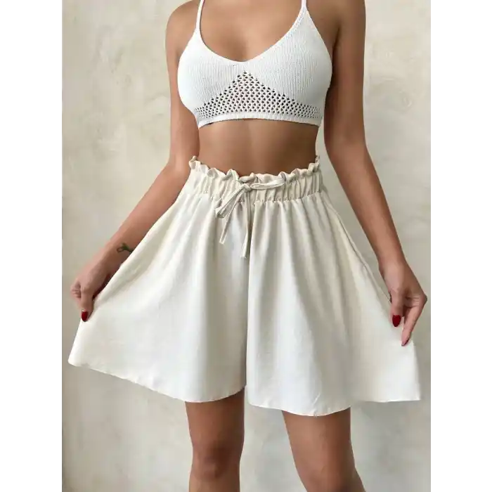 Volanlı keten şort bej s255058