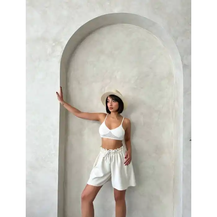 Volanlı keten şort bej s255058