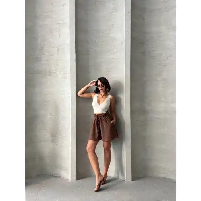 Volanlı keten şort kahve s255058