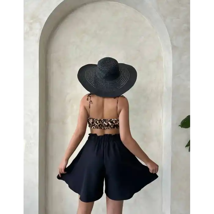 Volanlı keten şort siyah s255058