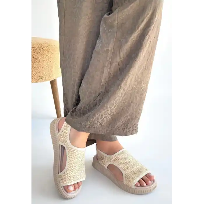 Wayi Bej Hasır Cilt Sandalet