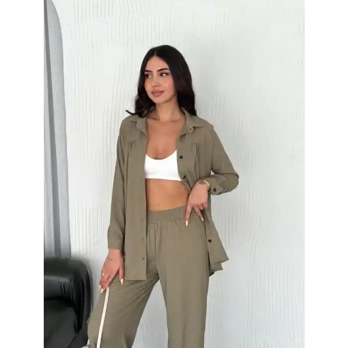 Yakalı Düğmeli Uzun Kollu Gömlek Pantolon ikili Takım - Bej