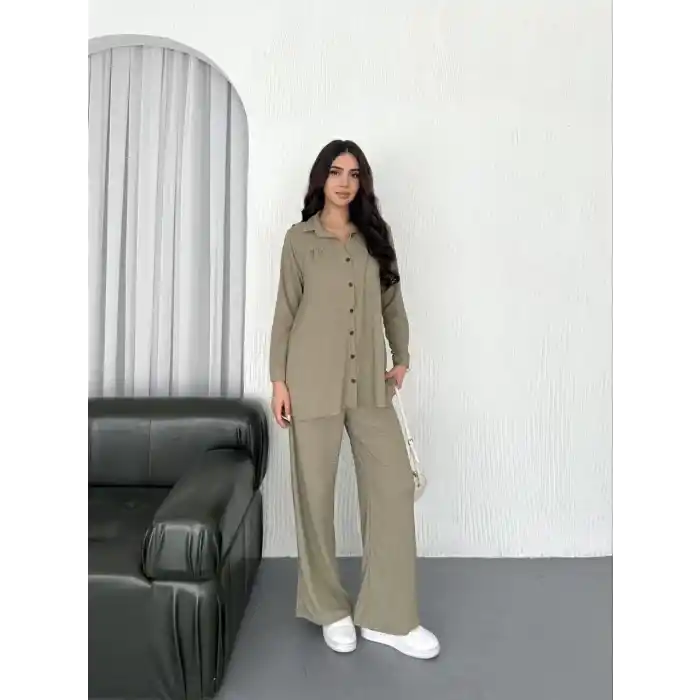 Yakalı Düğmeli Uzun Kollu Gömlek Pantolon ikili Takım - Bej