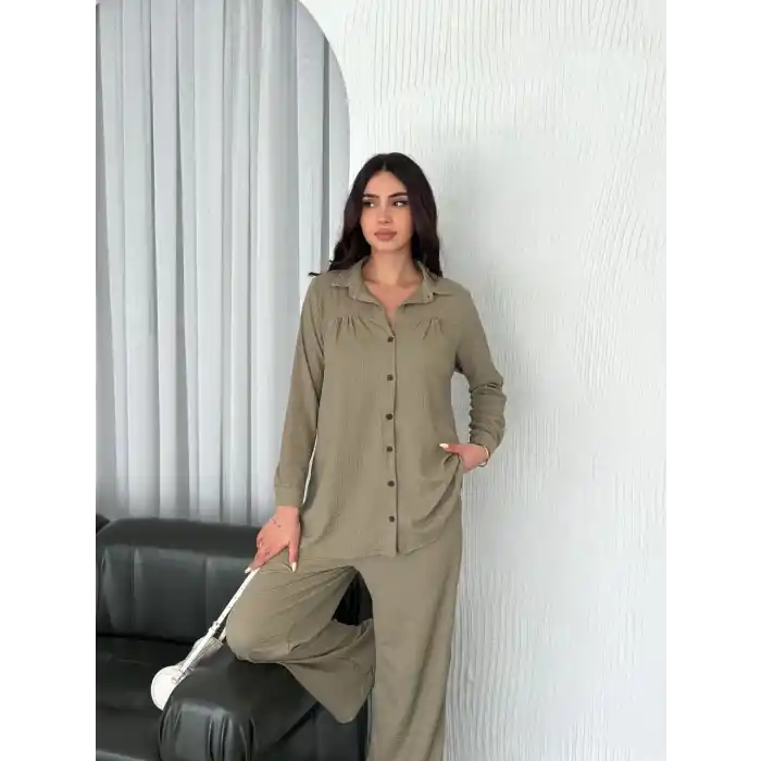 Yakalı Düğmeli Uzun Kollu Gömlek Pantolon ikili Takım - Bej