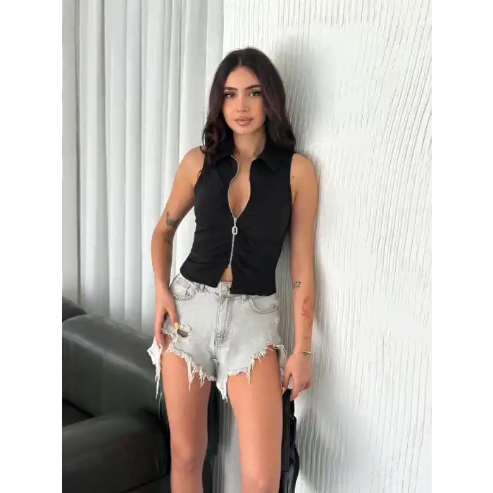 Yakalı Tam Fermuarlı Kolsuz Bluz - Siyah