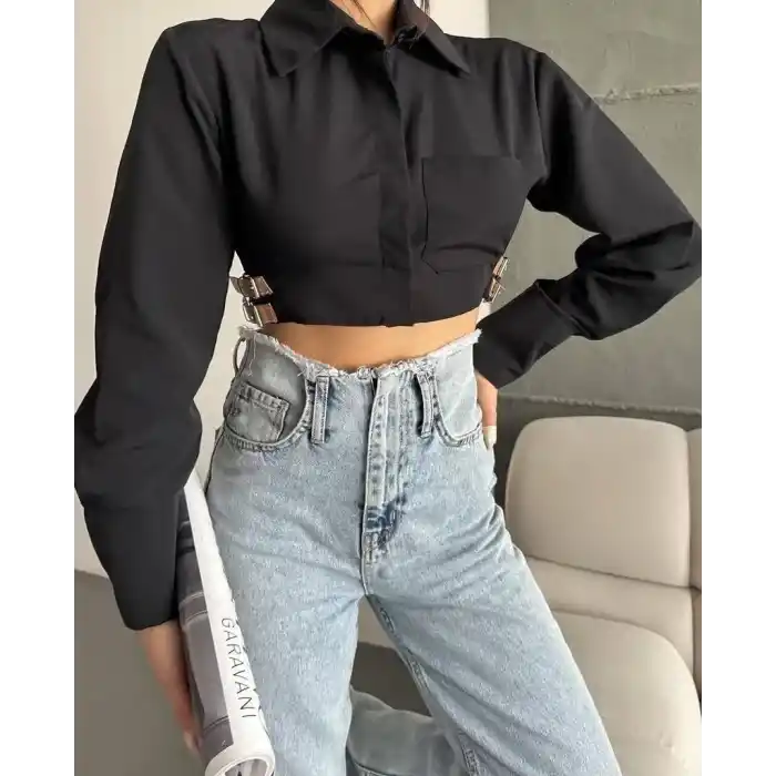 Yanı kemer detaylı crop gömlek siyah s4009