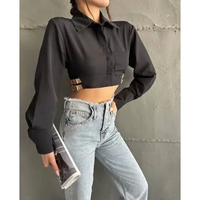 Yanı kemer detaylı crop gömlek siyah s4009