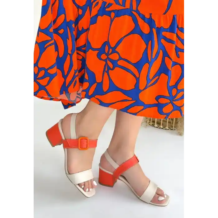 Year Bej Cilt Turuncu Detaylı Turuncu Topuklu Topuklu Ayakkabı