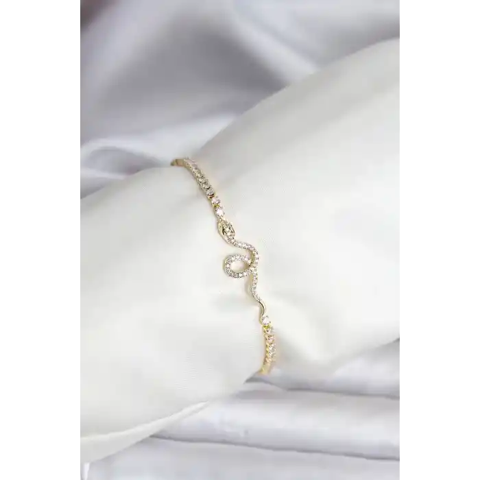 Yılan Model Zirkon Taşlı Gold Renk Pirinç Su Yolu Kadın Bileklik