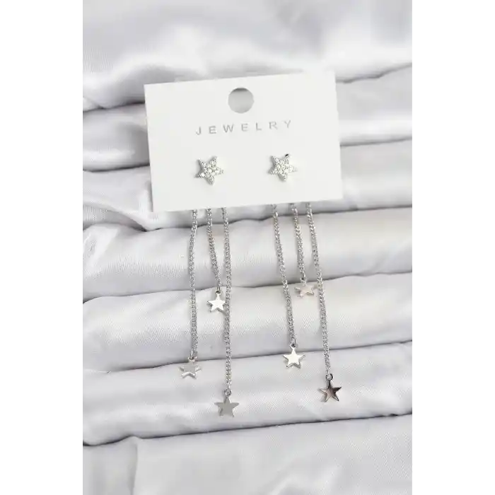 Yıldız Model Gümüş Renk Pirinç Sallantılı Kadın Küpe