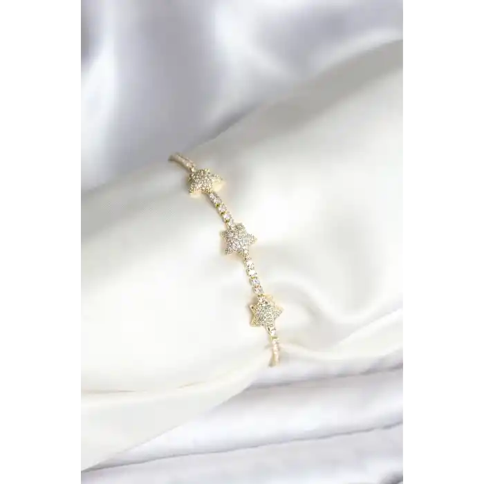 Yıldız Model Zirkon Taşlı Gold Renk Pirinç Su Yolu Kadın Bileklik