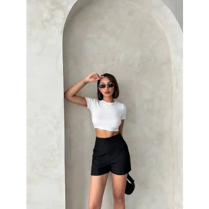 Yüksek bel parçalı double kumaş şort s25312