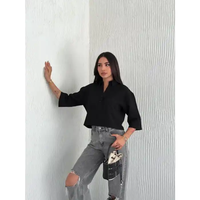 Z Krep Kadın Crop Yakalı Gömlek İlik Düğmeli Üç Çeyrek Sleeve Kol - Siyah