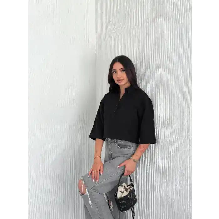 Z Krep Kadın Crop Yakalı Gömlek İlik Düğmeli Üç Çeyrek Sleeve Kol - Siyah