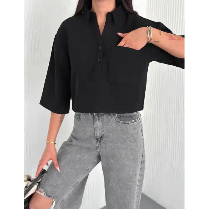 Z Krep Kadın Crop Yakalı Gömlek İlik Düğmeli Üç Çeyrek Sleeve Kol - Siyah