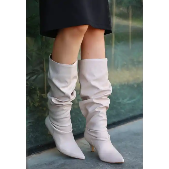 Zelya Bej Cilt Topuklu Çizme