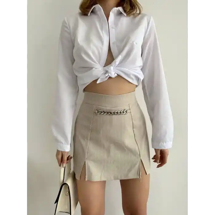 Zincir detaylı çizgili şort etek