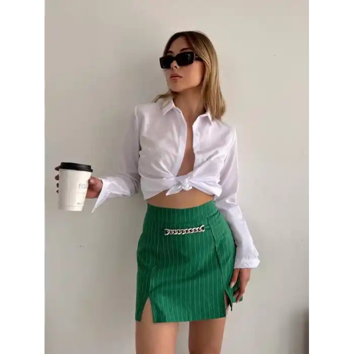 Zincir detaylı çizgili şort etek