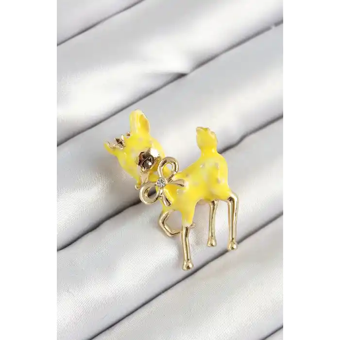 Zirkon Taşlı Fiyonk Detaylı 3D Sarı Ceylan Figürlü Gold Renk Kadın Broş