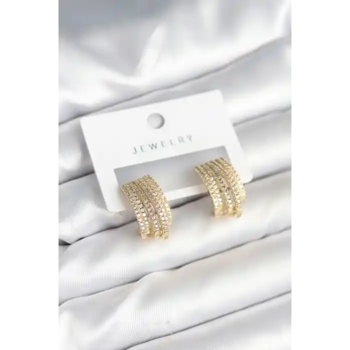 Zirkon Taşlı Şerit Model Gold Renk Pirinç Kadın Küpe