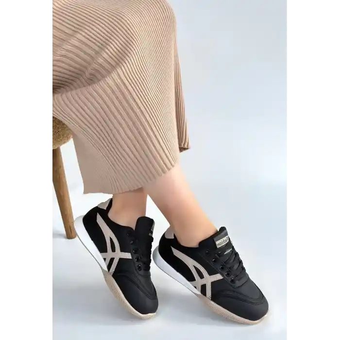 Zlay Siyah Cilt Bej Detaylı Bağcıklı Spor Ayakkabı