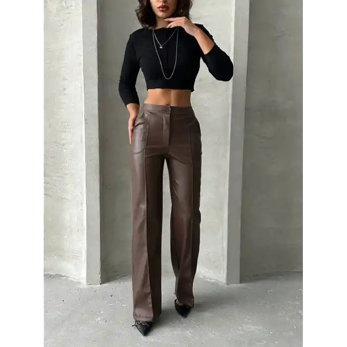 Zr deri palazzo pantolon kahve h24654