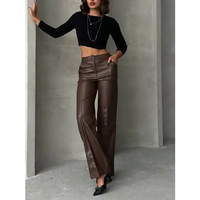 Zr deri palazzo pantolon kahve h24654
