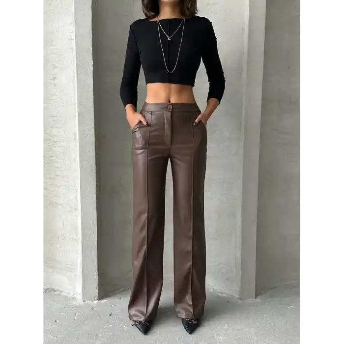 Zr deri palazzo pantolon kahve h24654